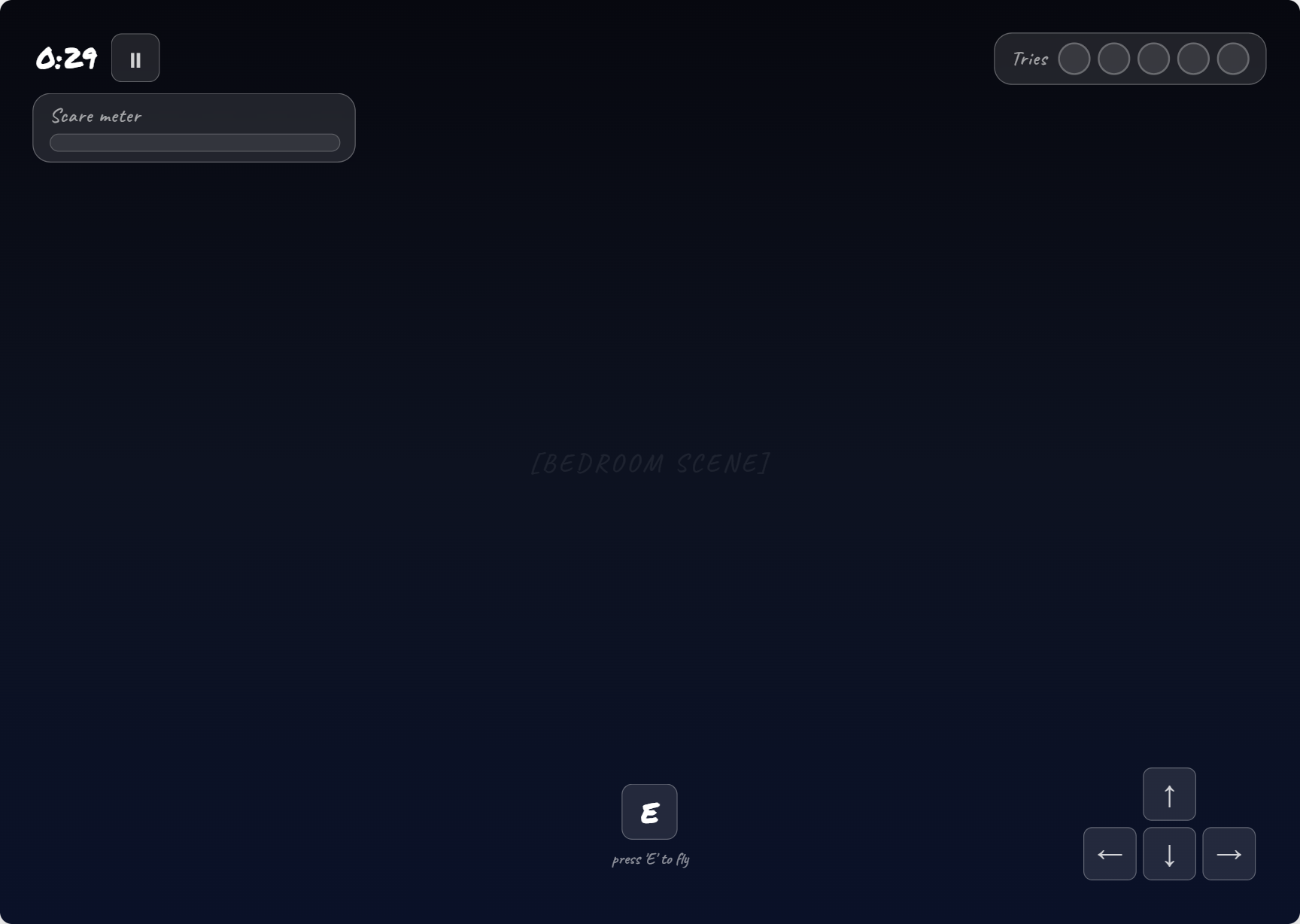 Controls overlay with a press-E-to-fly prompt and arrow key movement hints anchored to the corners